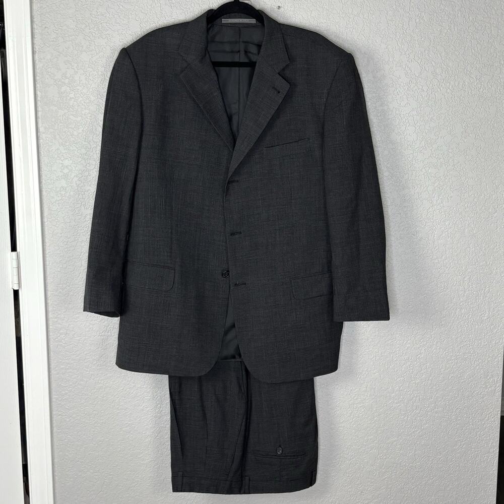 vtg 90s Giorgio Cosani Suit 44R 36X28 Wool 3 Button Pleated Gray Plaid